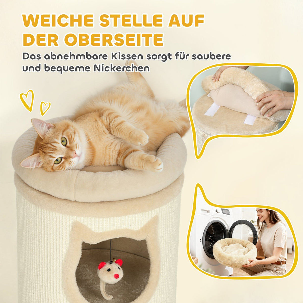 Cat Tower with Washable Bed, 96 cm, 3 Hideouts, Grey