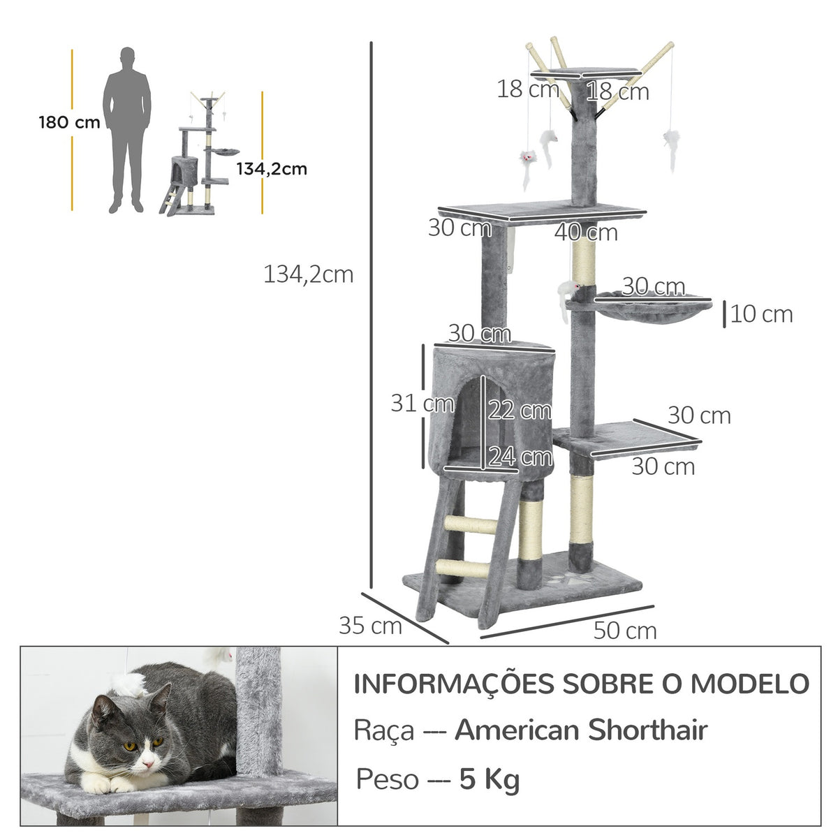 Cat Tree 134.2 cm High Scratching Post Cat Scratching Post Climbing Tree Cat Stairs 4 Toys Grey+White |