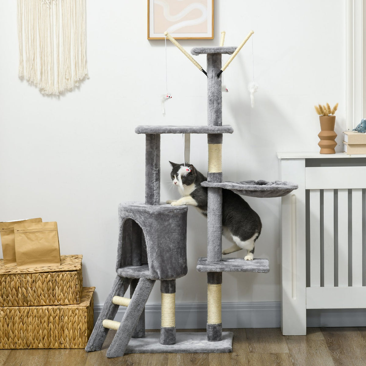 Cat Tree 134.2 cm High Scratching Post Cat Scratching Post Climbing Tree Cat Stairs 4 Toys Grey+White |
