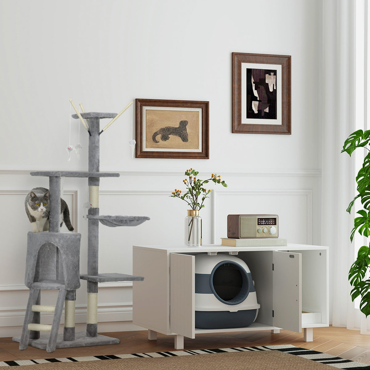 Cat Tree 134.2 cm High Scratching Post Cat Scratching Post Climbing Tree Cat Stairs 4 Toys Grey+White |
