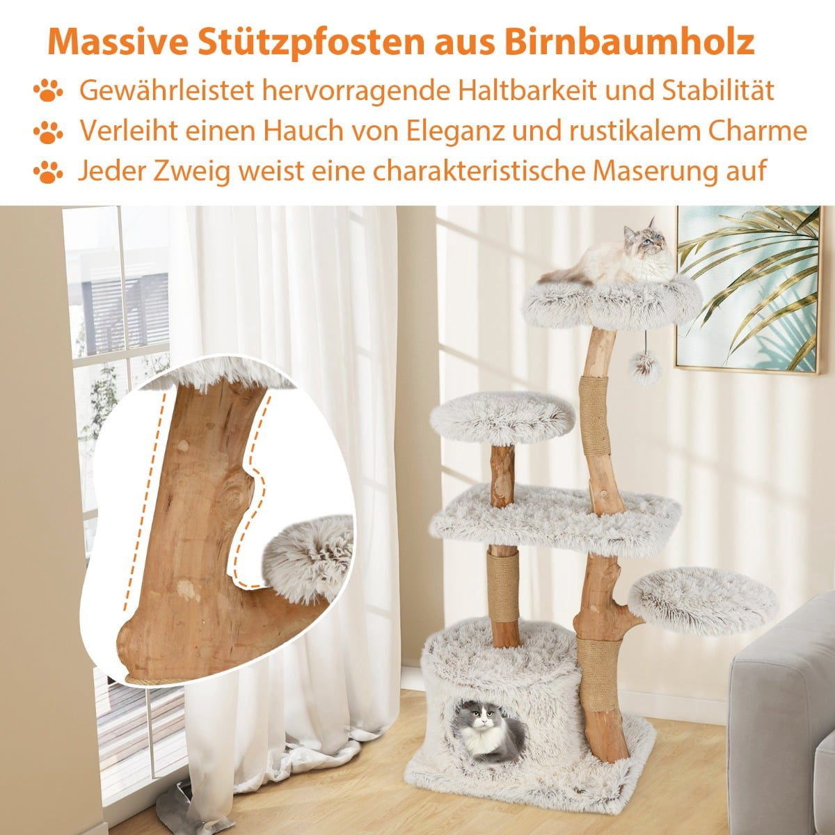 Cat Tree 135cm with Cave, Plush Seat, Scratch Posts