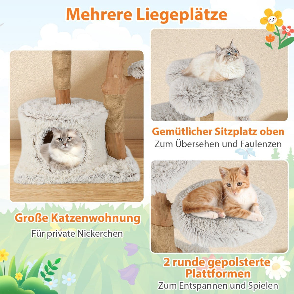 Cat Tree 135cm with Cave, Plush Seat, Scratch Posts