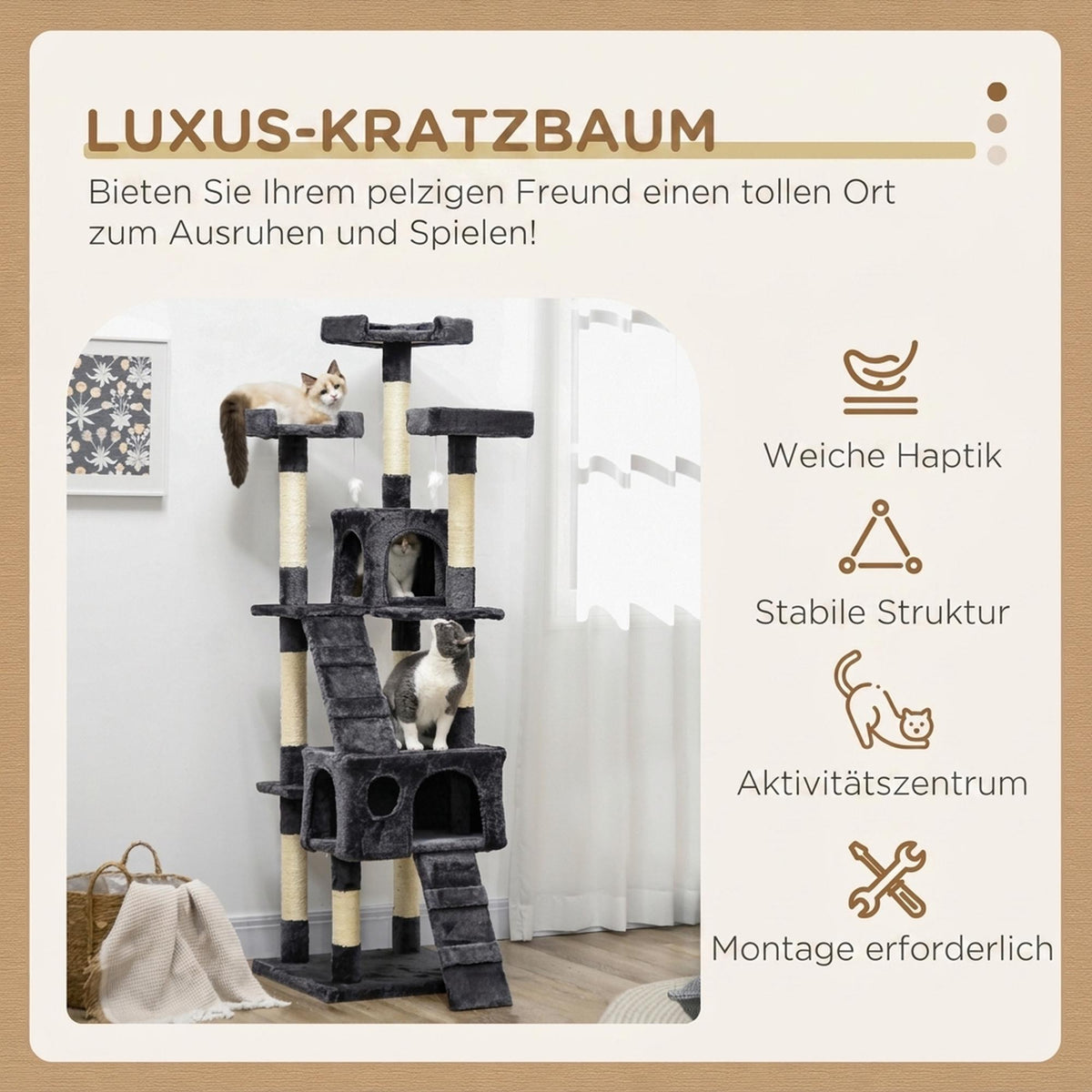 Cat Tree 173 cm with Sisal Posts and Plush, Dark Grey
