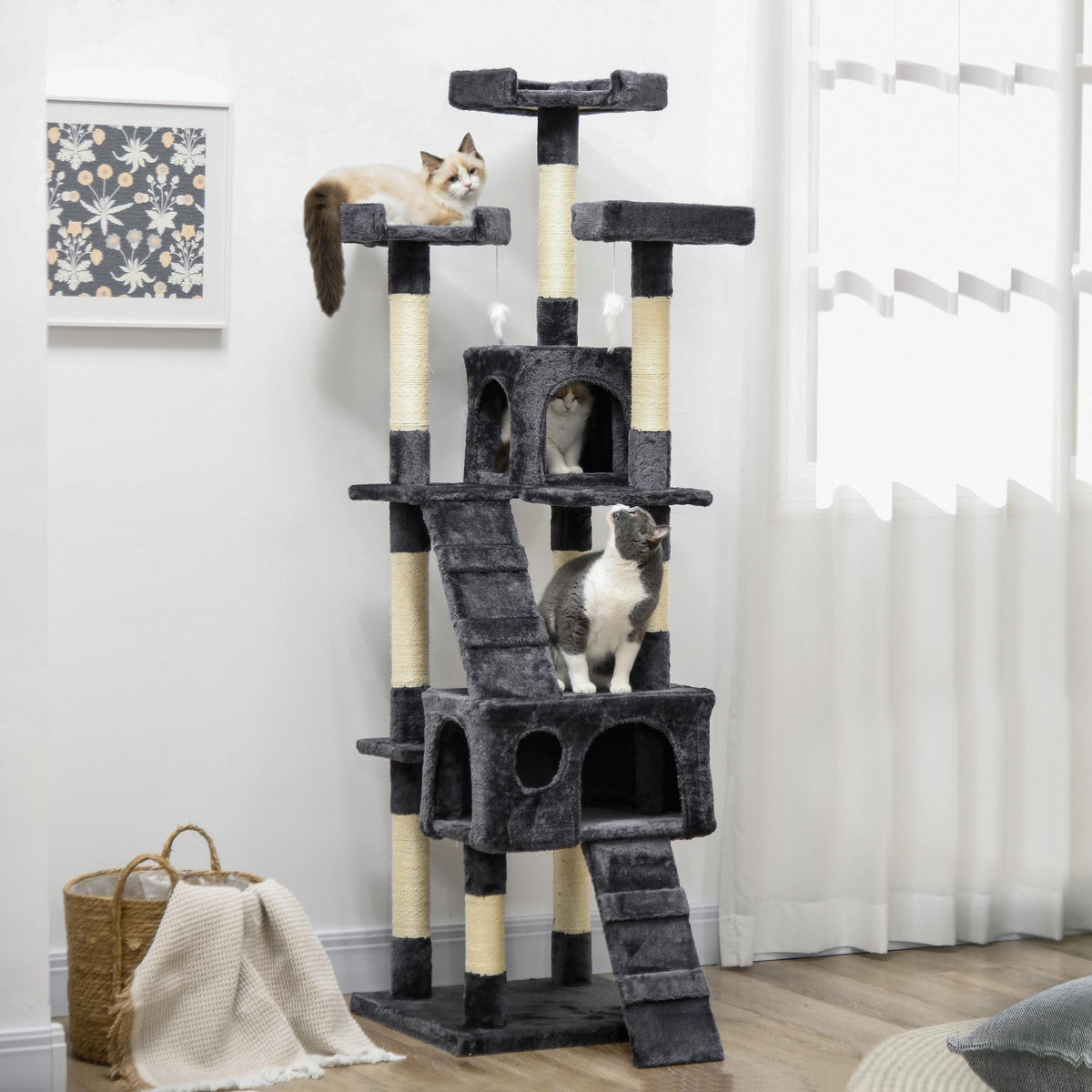 Cat Tree 173 cm with Sisal Posts and Plush, Dark Grey