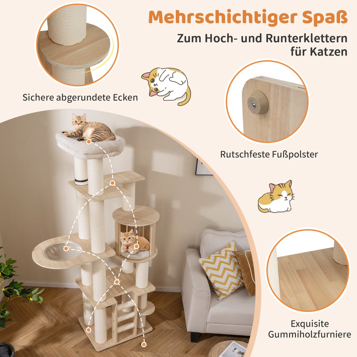 Cat Tree 185 cm with Thick Posts, Hideaway & Capsule