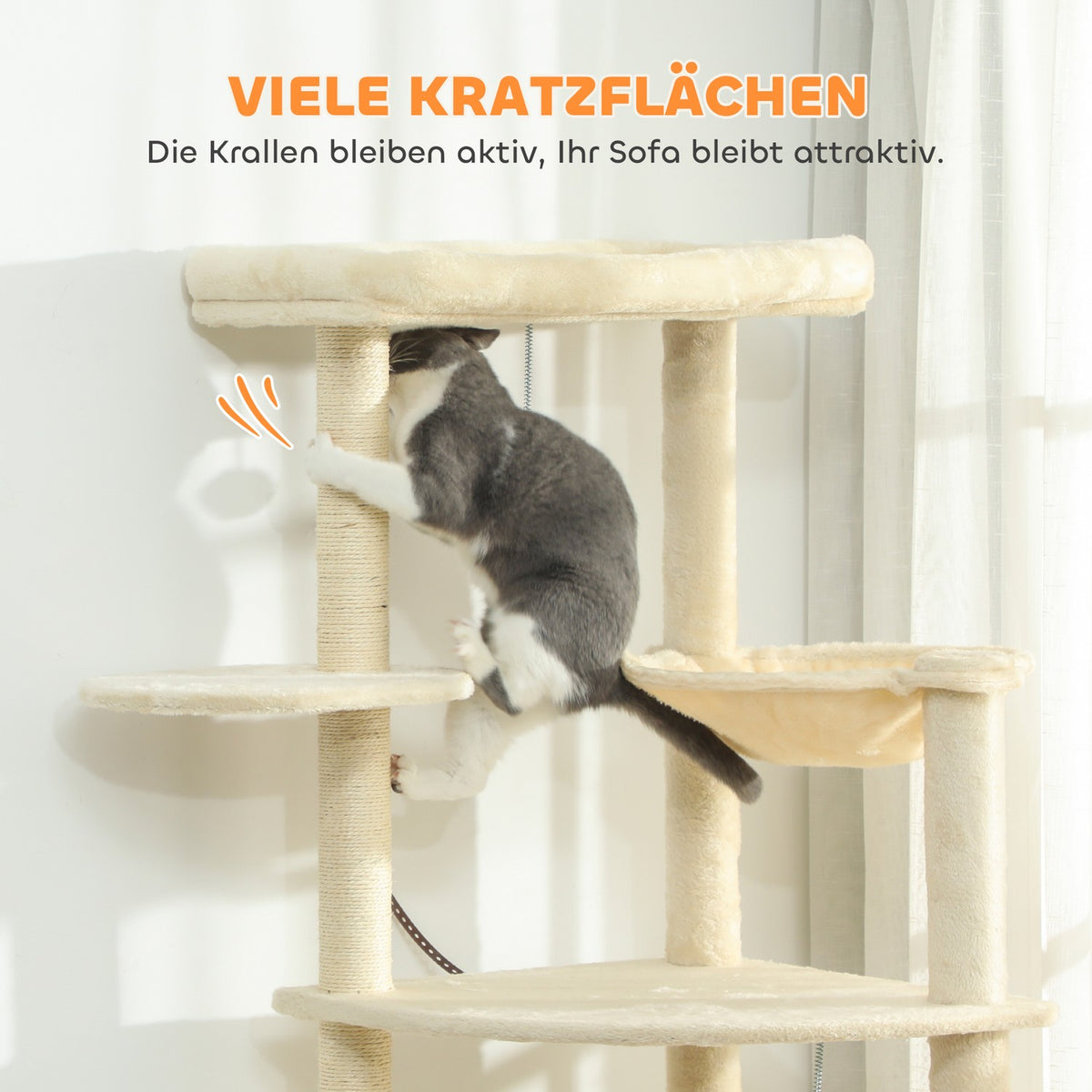 Cat Tree, 2m, Multi-Level, Sisal, Hammock, Beige