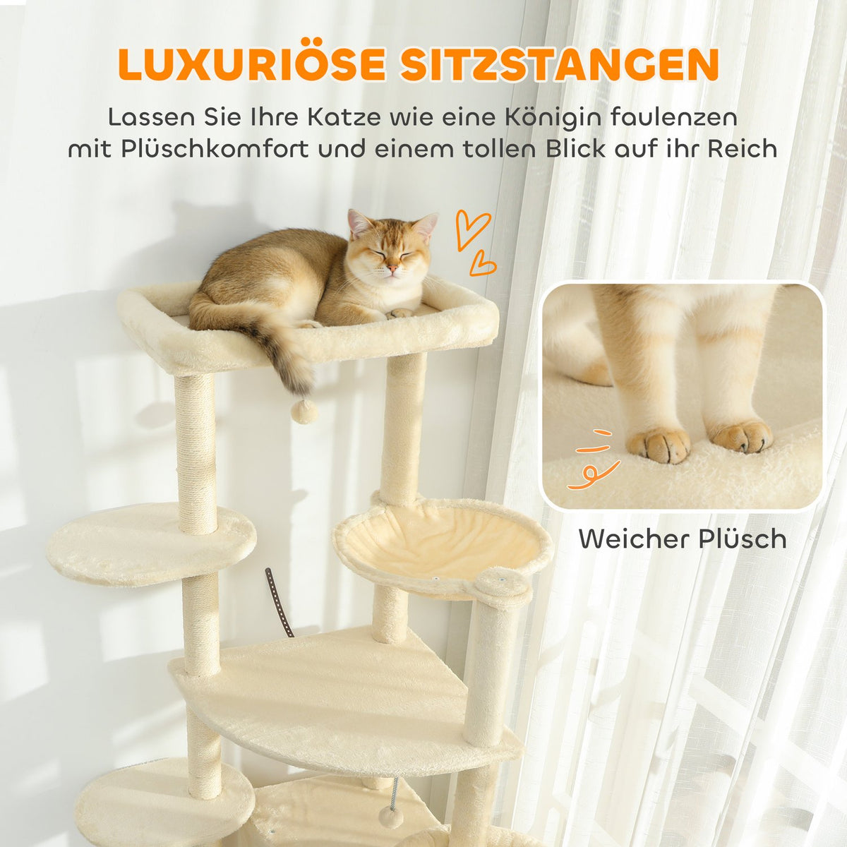 Cat Tree, 2m, Multi-Level, Sisal, Hammock, Beige