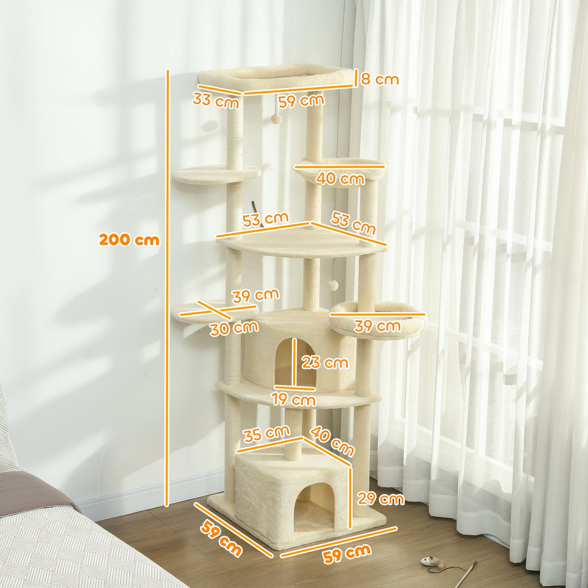 Cat Tree, 2m, Multi-Level, Sisal, Hammock, Beige