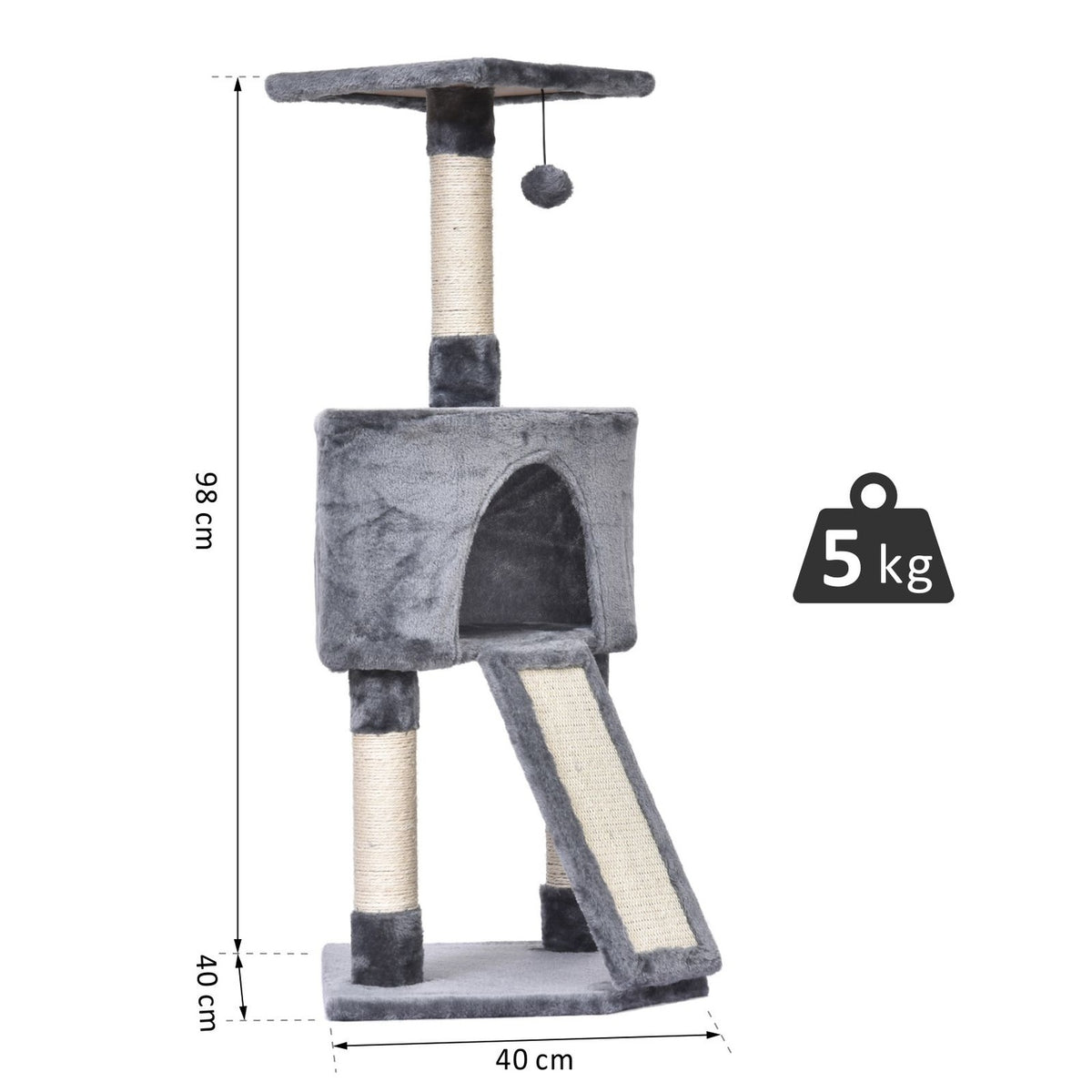 Cat Tree 3-Level Scratching Post With Cat Cave, Sisal Columns & Scratching Board, Plush, Gray, 40X40X98Cm