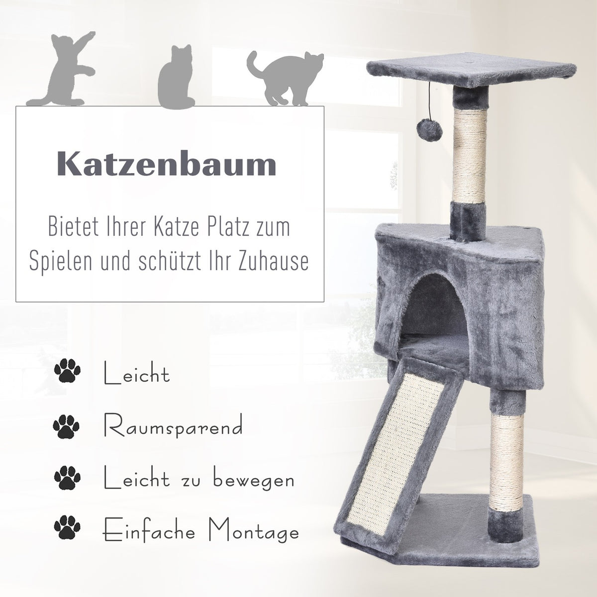 Cat Tree 3-Level Scratching Post With Cat Cave, Sisal Columns & Scratching Board, Plush, Gray, 40X40X98Cm