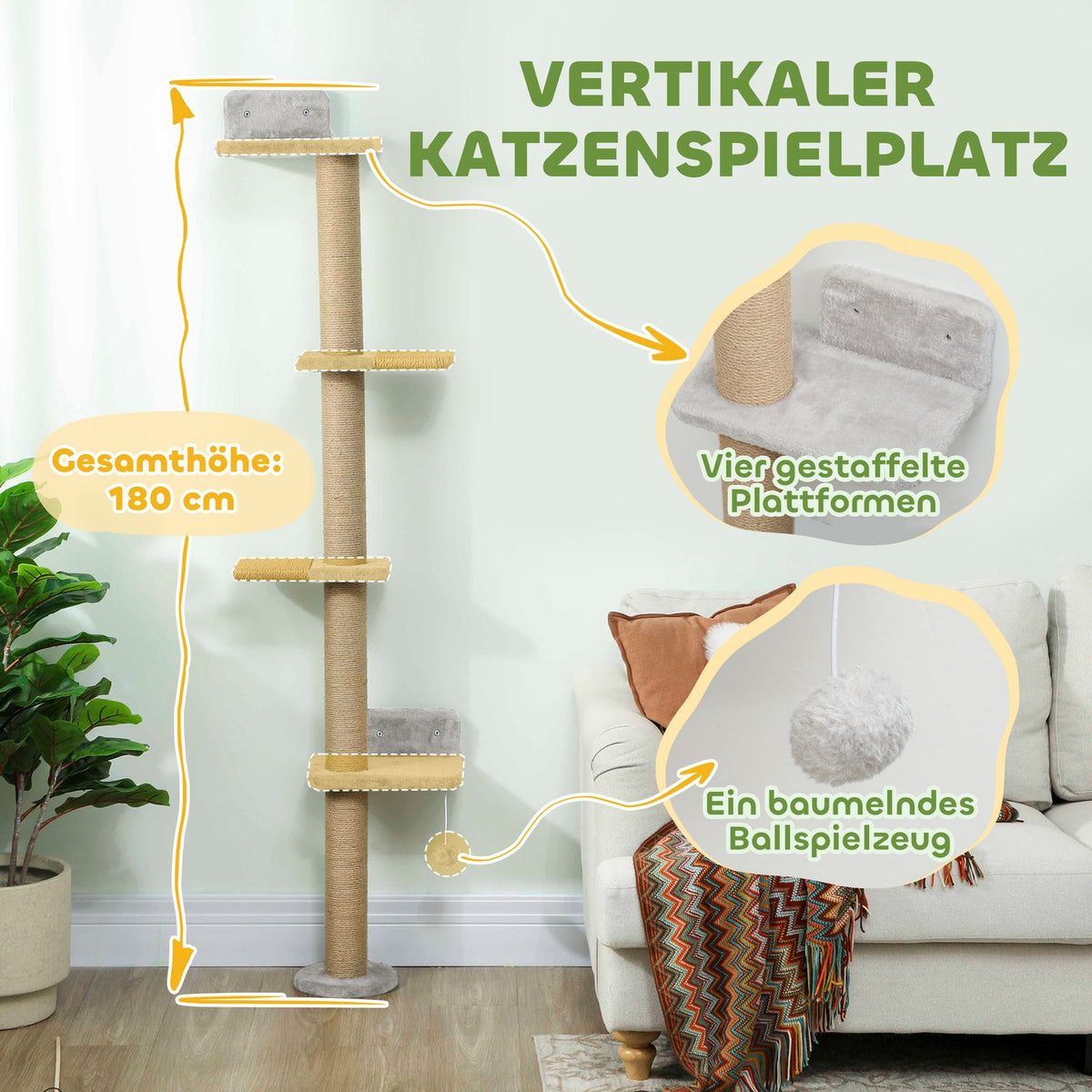 Cat Tree, 5-Level, Sisal Posts, Plush Fabric, Light Gray