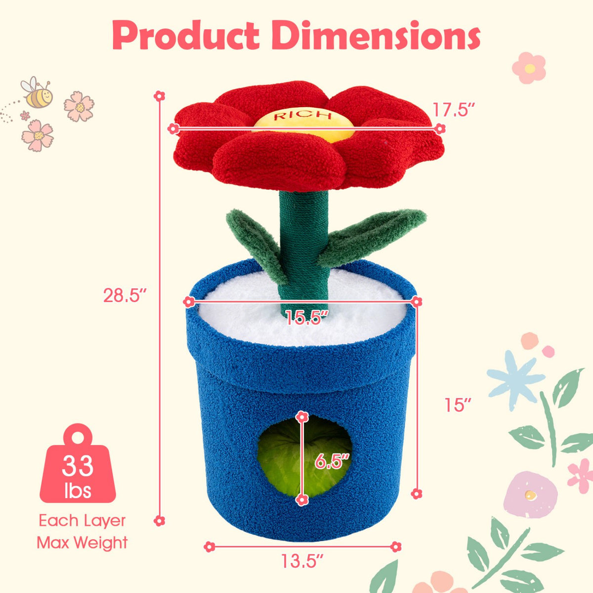 Cat Tree For Indoor Cats, Flower Condo, Padded Perch, Red