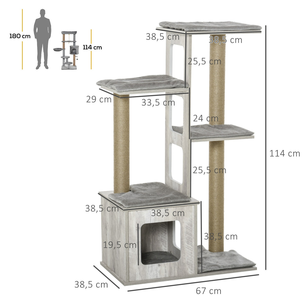 Cat Tree Multi-Tier Scratching Post Cat Furniture Activity Center Jute Plush Gray 67X38.5X114Cm