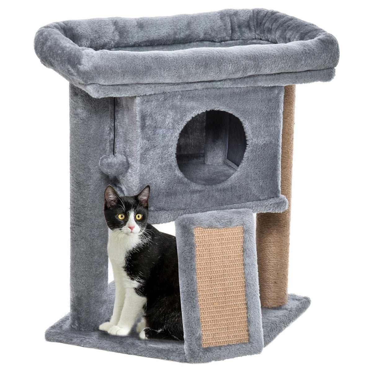 Cat Tree Scratching Board With Jute Scratching Mat, Perch, Hanging Ball, Door Hole, Mdf Plush Jute, Light Gray, 40X40X57Cm