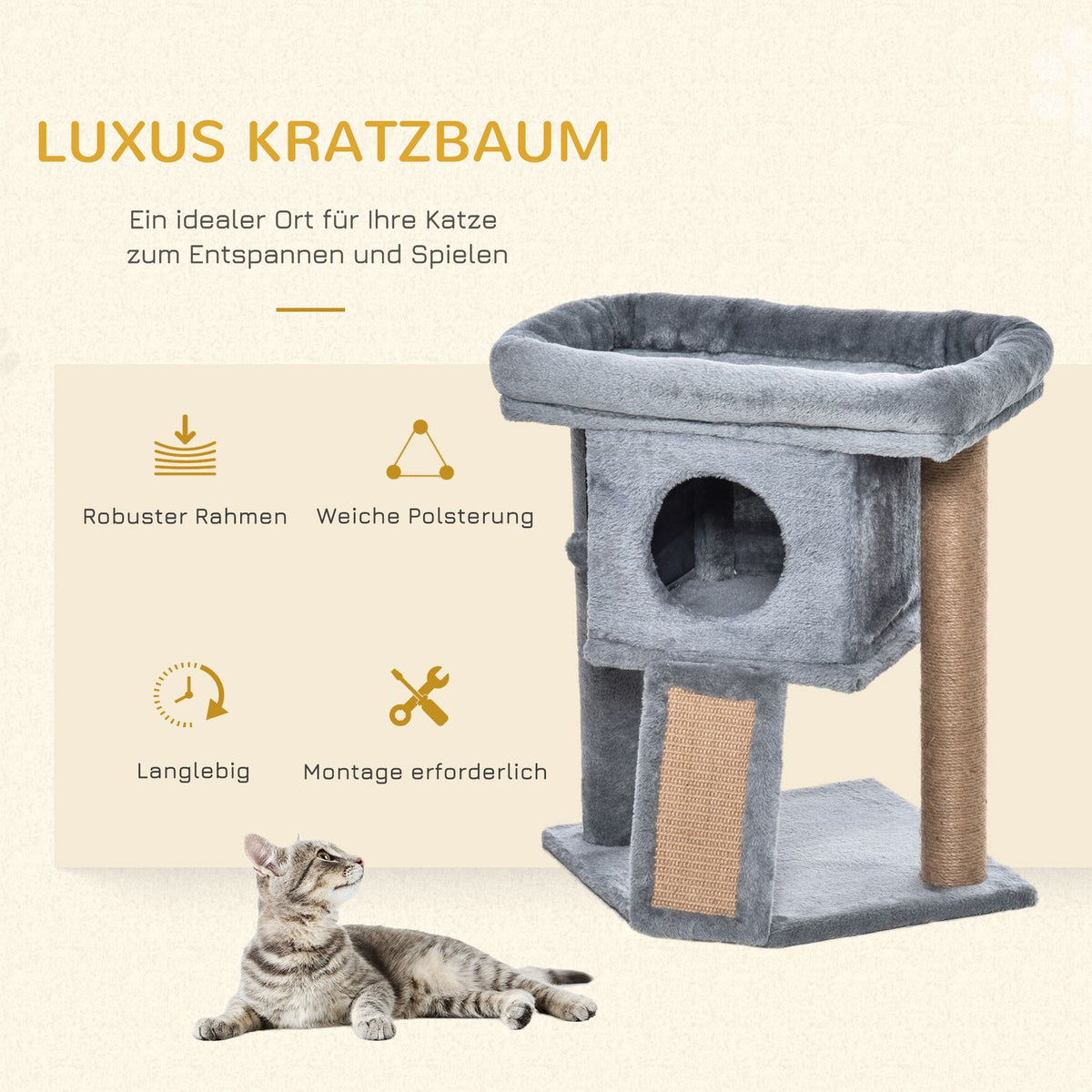 Cat Tree Scratching Board With Jute Scratching Mat, Perch, Hanging Ball, Door Hole, Mdf Plush Jute, Light Gray, 40X40X57Cm