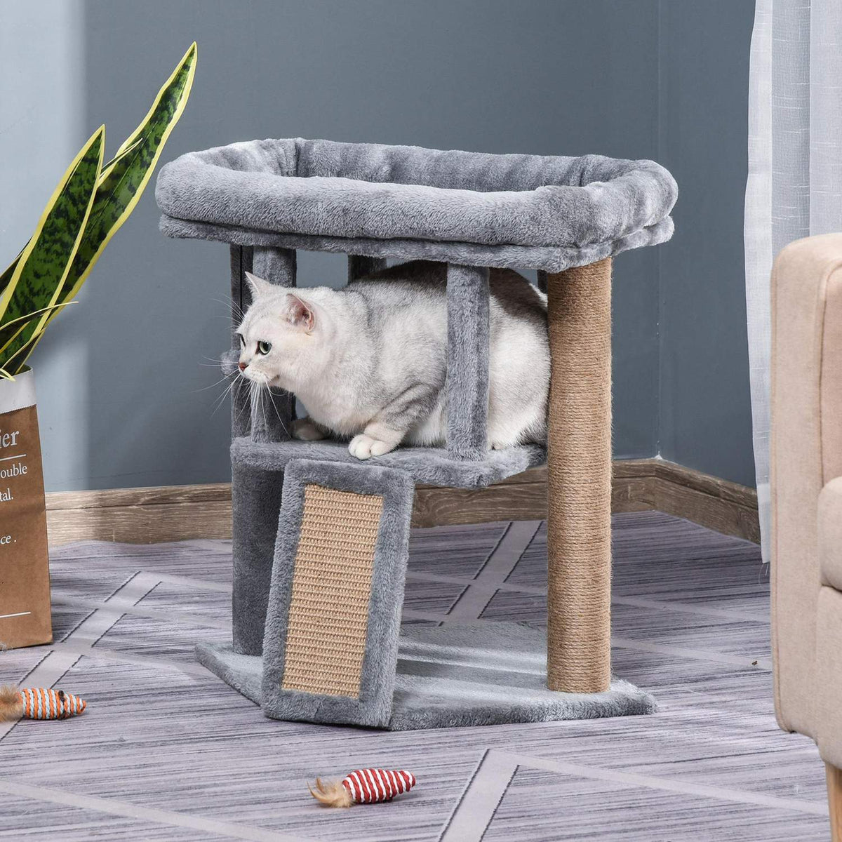 Cat Tree Scratching Board With Jute Scratching Mat, Perch, Hanging Ball, Door Hole, Mdf Plush Jute, Light Gray, 40X40X57Cm