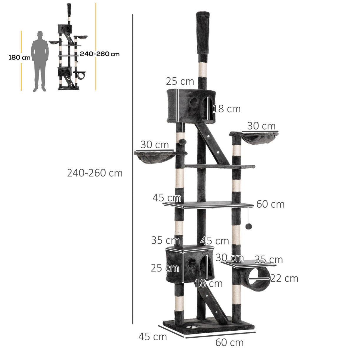Cat Tree Scratching Post Cat Scratching Post Climbing Tree Cat Sisal Ceiling High (Height Adjustable From 240-260Cm) Dark Gray