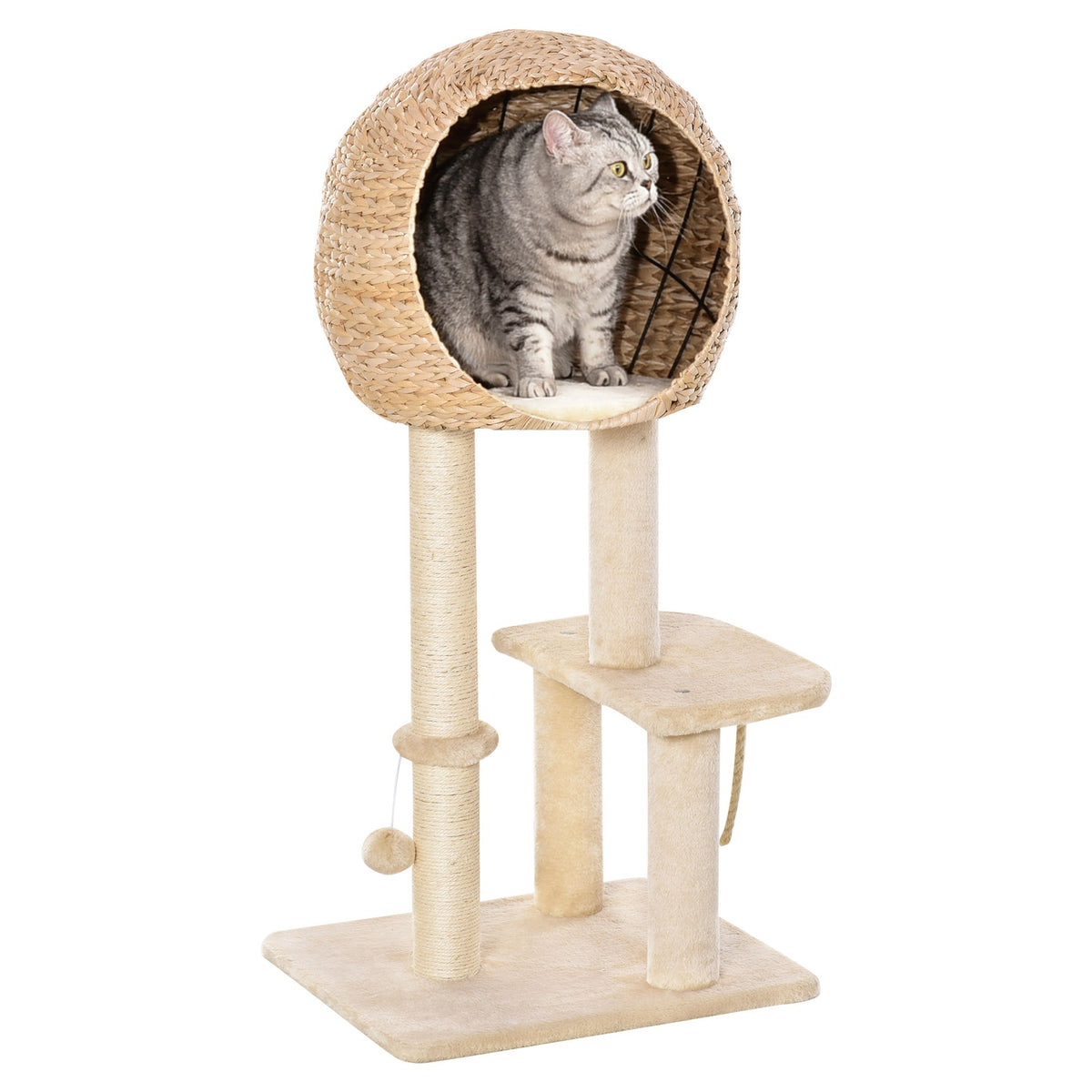 Cat Tree Scratching Post Kitten Furniture With Cat Cave Ball Toy Sisal Soft Plush Beige Height 100Cm