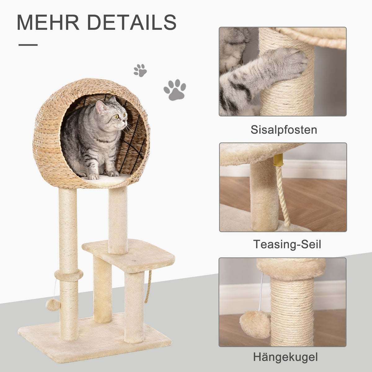 Cat Tree Scratching Post Kitten Furniture With Cat Cave Ball Toy Sisal Soft Plush Beige Height 100Cm