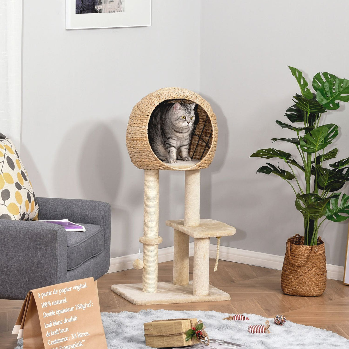 Cat Tree Scratching Post Kitten Furniture With Cat Cave Ball Toy Sisal Soft Plush Beige Height 100Cm