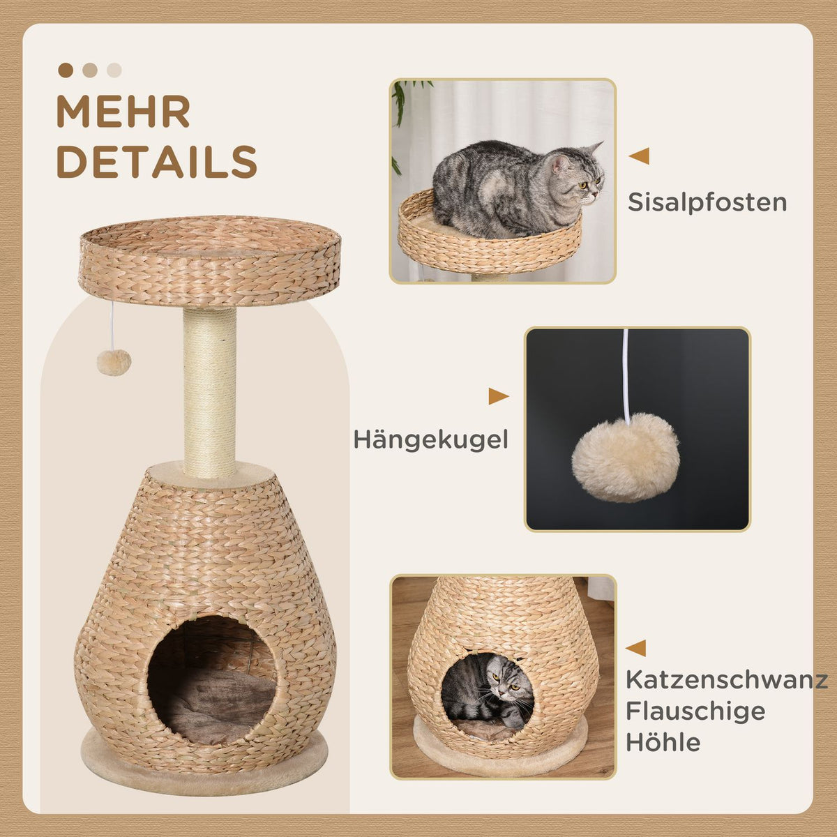Cat Tree Scratching Post Kitten Furniture With Cat Cave Ball Toy Sisal Soft Plush Yellow Height 82.5Cm