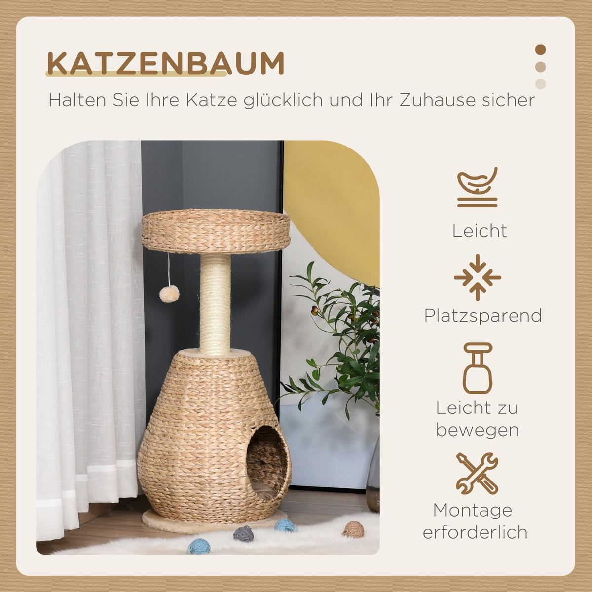 Cat Tree Scratching Post Kitten Furniture With Cat Cave Ball Toy Sisal Soft Plush Yellow Height 82.5Cm