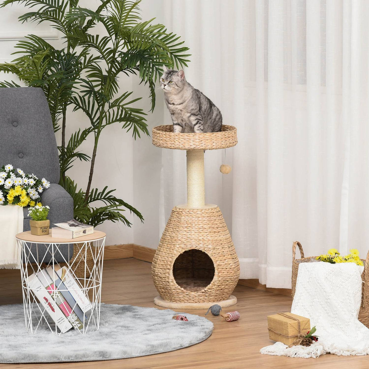 Cat Tree Scratching Post Kitten Furniture With Cat Cave Ball Toy Sisal Soft Plush Yellow Height 82.5Cm