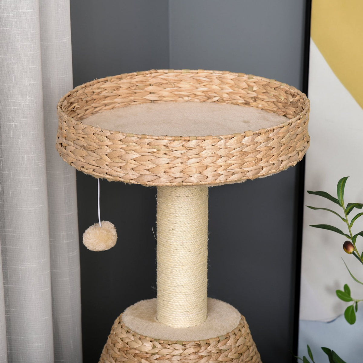 Cat Tree Scratching Post Kitten Furniture With Cat Cave Ball Toy Sisal Soft Plush Yellow Height 82.5Cm