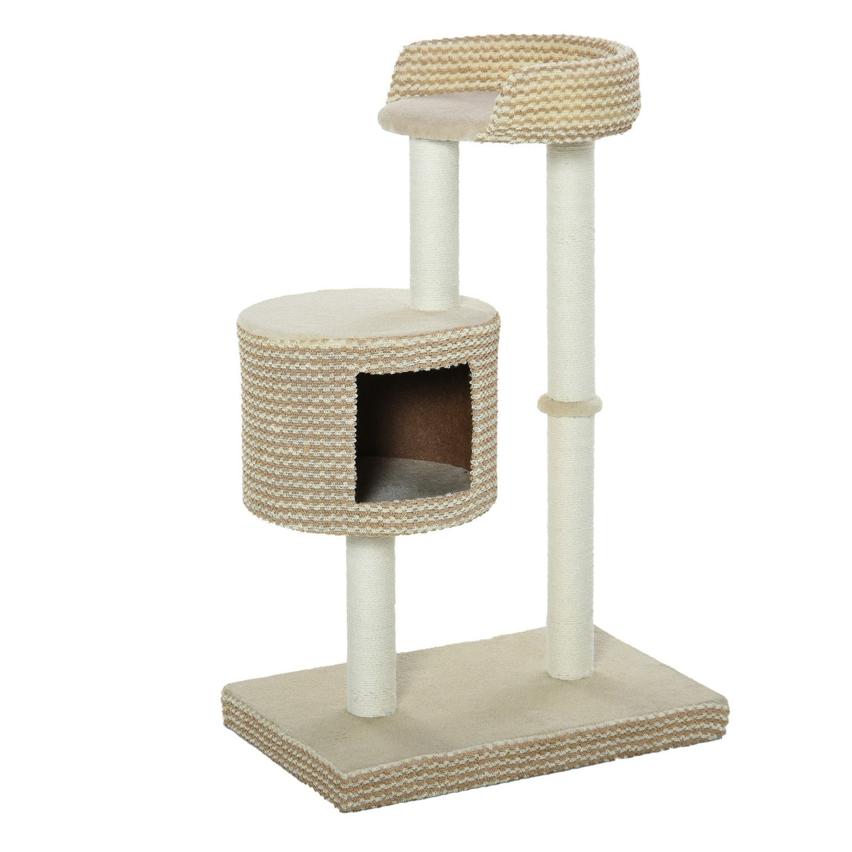 Cat Tree Scratching Post With Viewing Platforms, Beige And Coffee, Chipboard, Plush, Jute, 61X41X96Cm