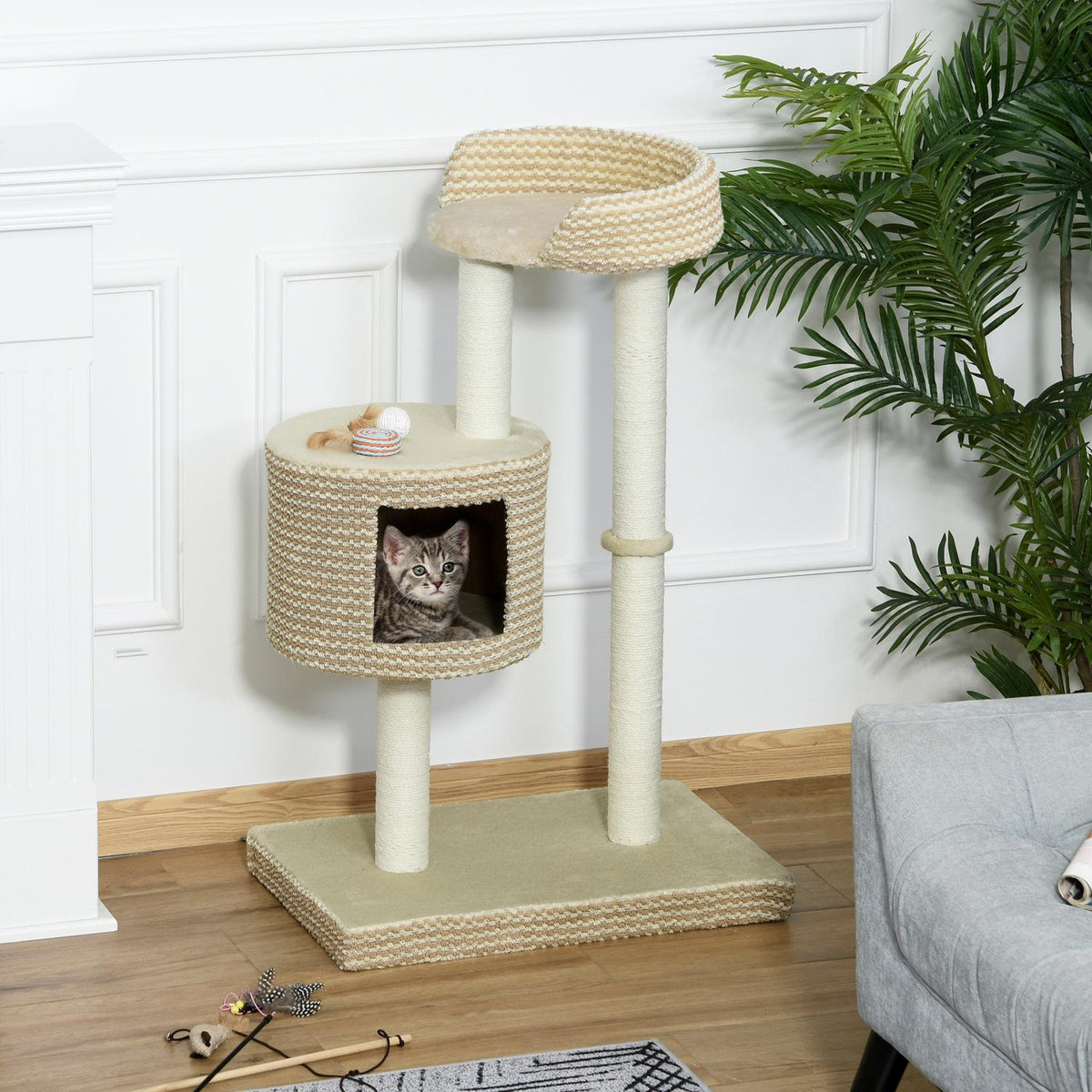 Cat Tree Scratching Post With Viewing Platforms, Beige And Coffee, Chipboard, Plush, Jute, 61X41X96Cm