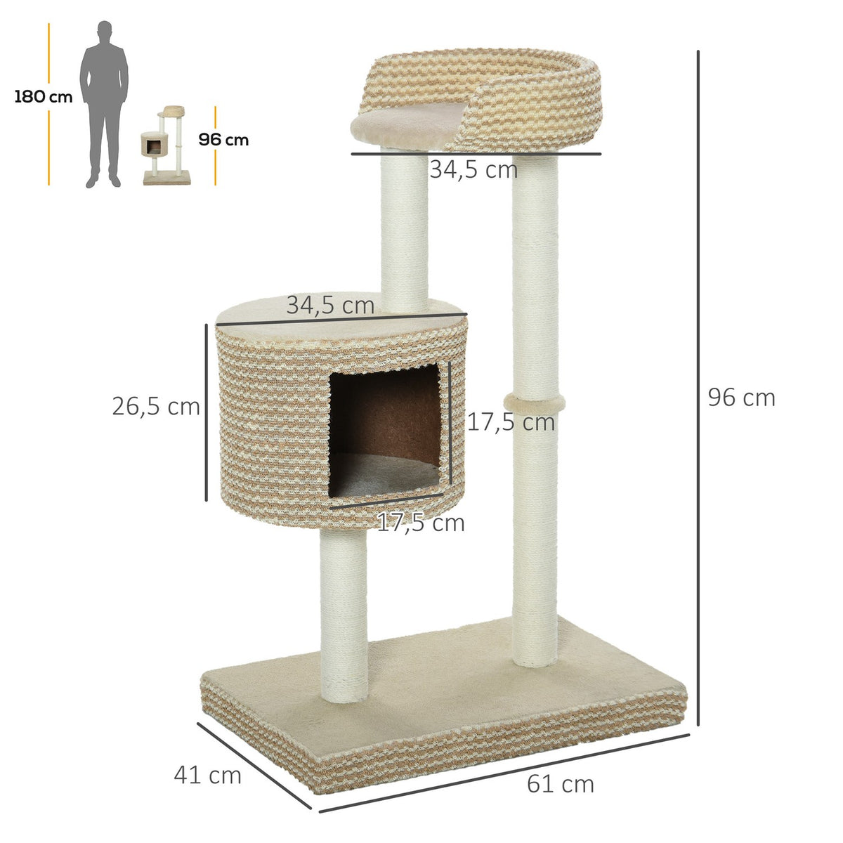 Cat Tree Scratching Post With Viewing Platforms, Beige And Coffee, Chipboard, Plush, Jute, 61X41X96Cm