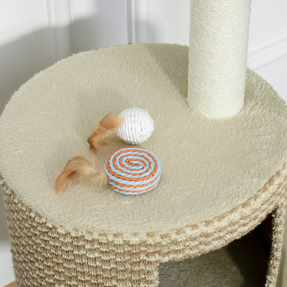 Cat Tree Scratching Post With Viewing Platforms, Beige And Coffee, Chipboard, Plush, Jute, 61X41X96Cm