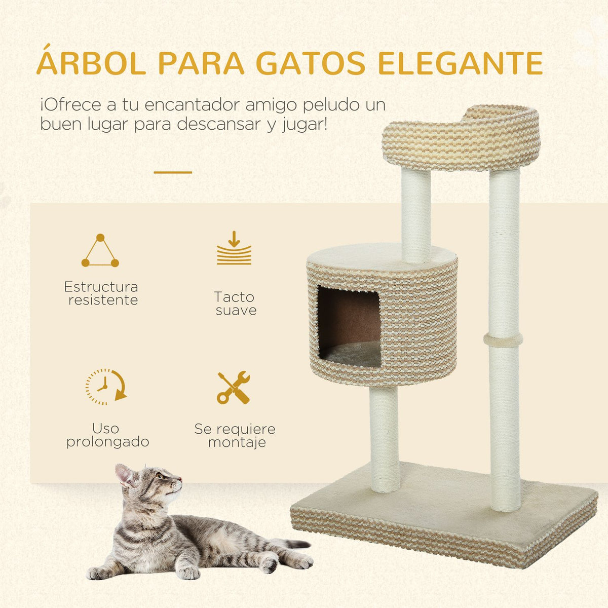 Cat Tree Scratching Post With Viewing Platforms, Beige And Coffee, Chipboard, Plush, Jute, 61X41X96Cm