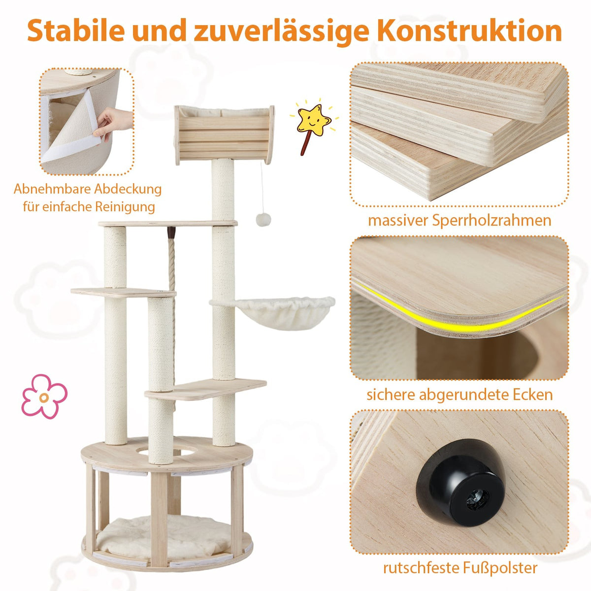 Cat Tree Tower, 141cm, Wood, with Cat Cave & Hammock