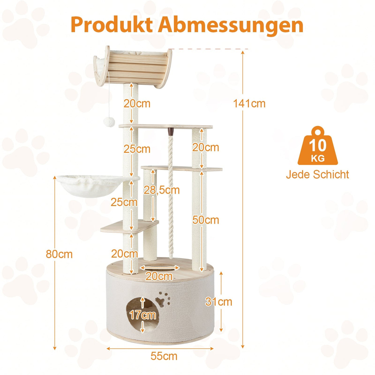 Cat Tree Tower, 141cm, Wood, with Cat Cave & Hammock