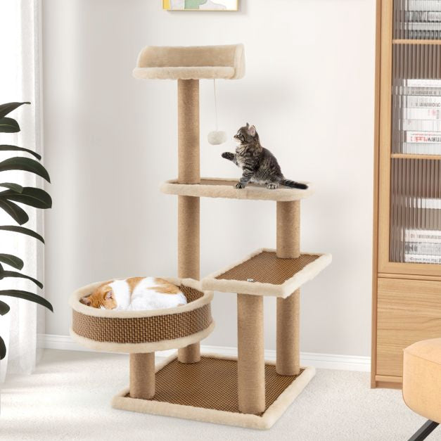 Cat Tree Tower 90 cm, Rattan Mat, Scratching Posts