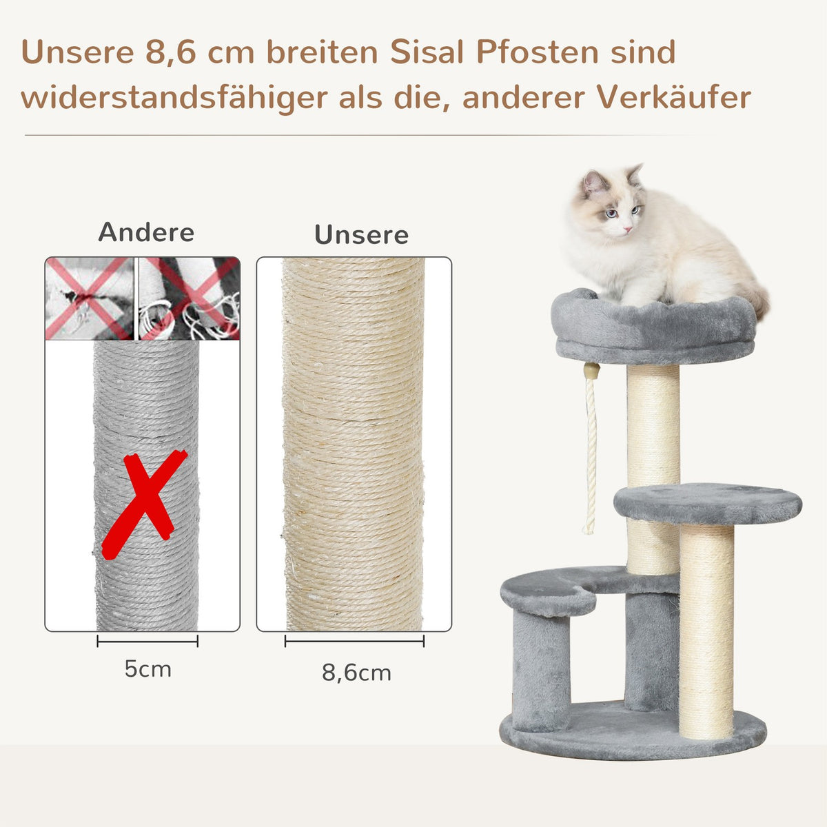 Cat Tree With Hammock 3-Tier Play Tree With Sisal Columns, Gray, Ø40Xh65 Cm
