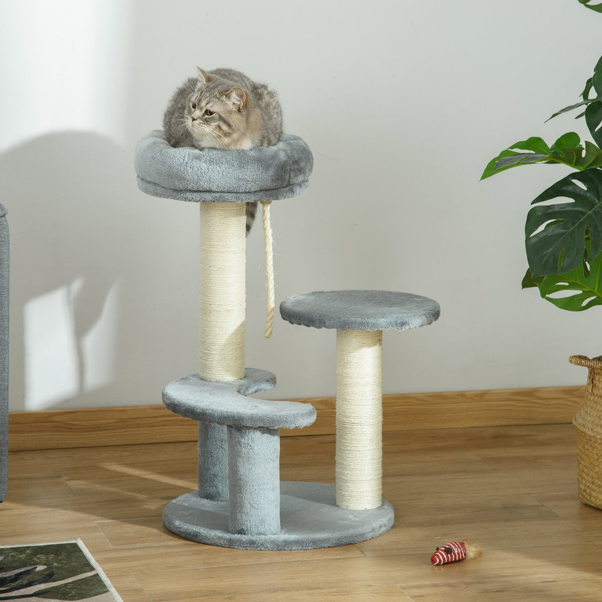 Cat Tree With Hammock 3-Tier Play Tree With Sisal Columns, Gray, Ø40Xh65 Cm