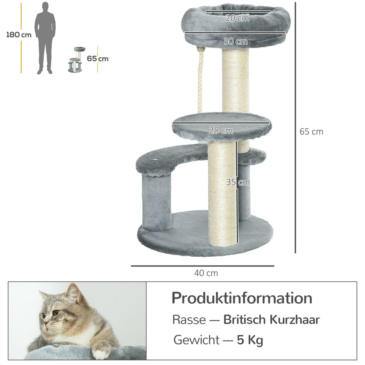 Cat Tree With Hammock 3-Tier Play Tree With Sisal Columns, Gray, Ø40Xh65 Cm