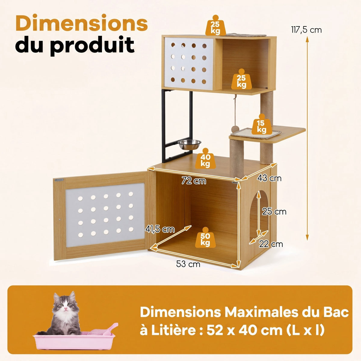 Cat Tree With Hidden Litter Box And Feeding Bowl, 117.5 cm