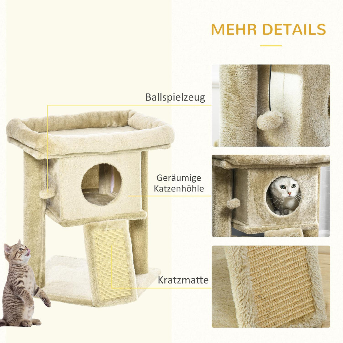 Cat Tree With Jute Scratching Mat Perch Hanging Ball Scratching Board Mdf Plush Jute Coffee With Door Hole