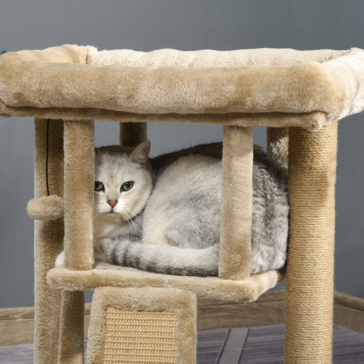 Cat Tree With Jute Scratching Mat Perch Hanging Ball Scratching Board Mdf Plush Jute Coffee With Door Hole