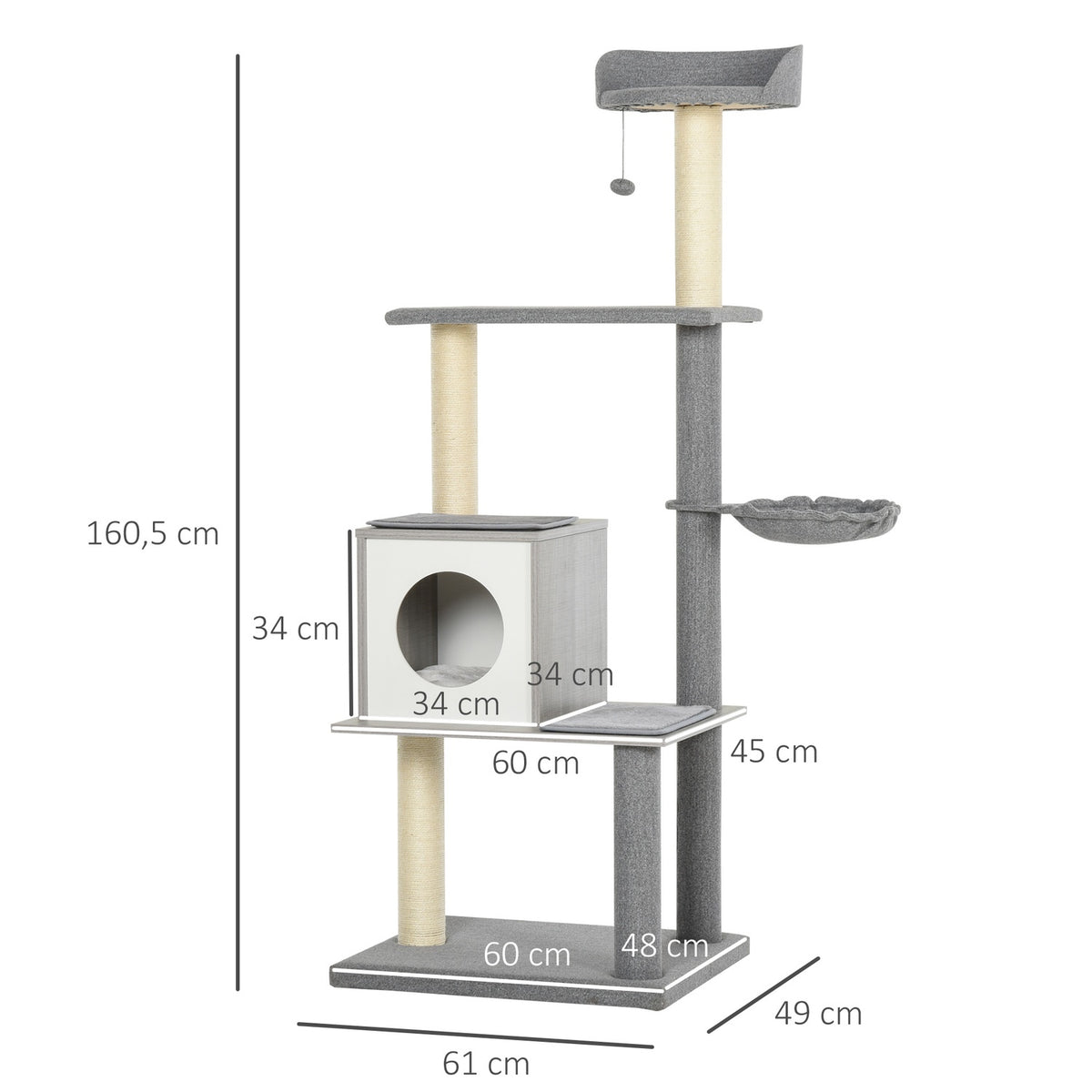 Cat Tree With Scratching Options Four-Tier Climbing Tree, Plush Seat, Cave, Grey&White, 61X49X160.5Cm