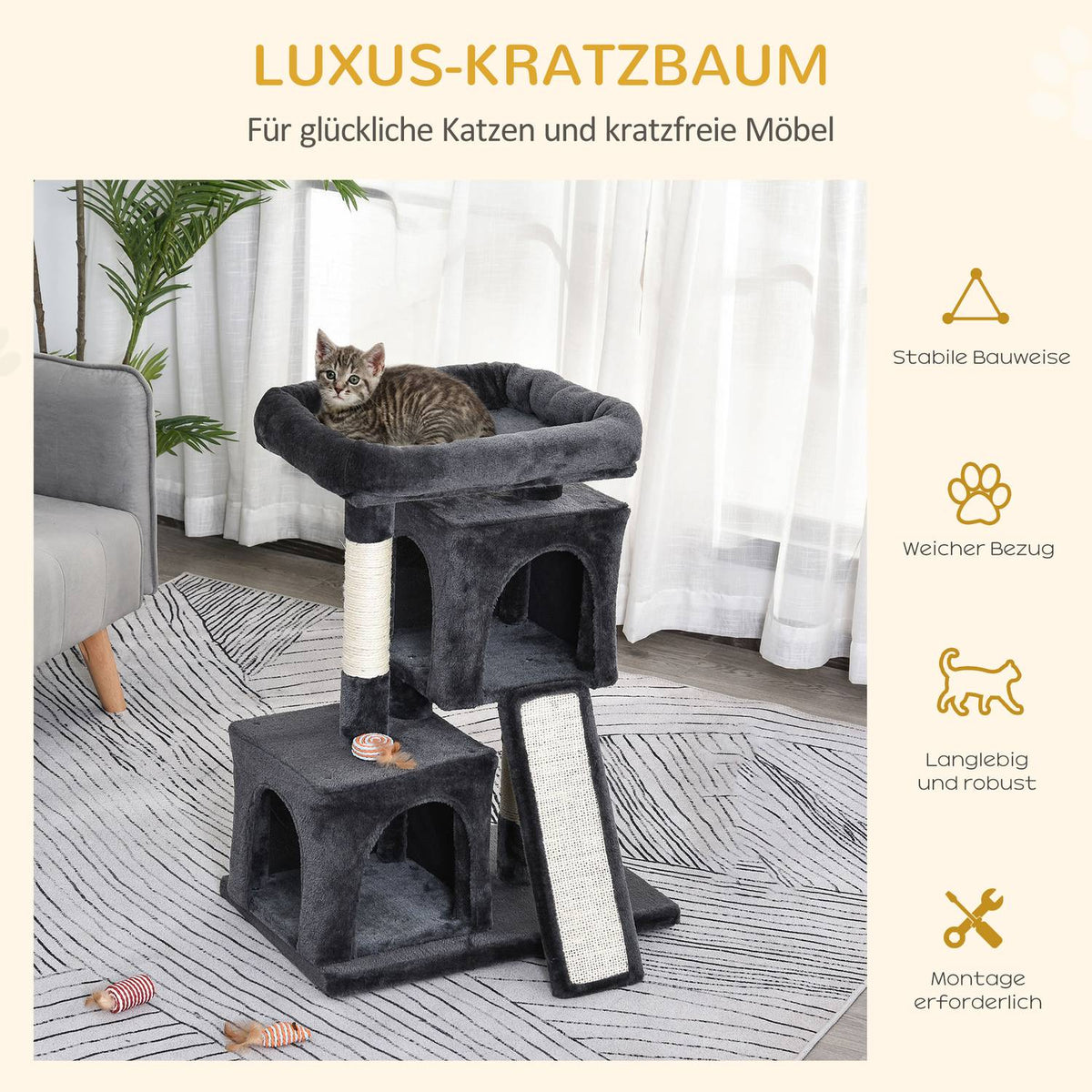 Cat Tree With Sisal Columns, Cat Scratching Post, Cat Climbing Tree, Cat Tree, Dark Gray, 59 X 39 X 83 Cm
