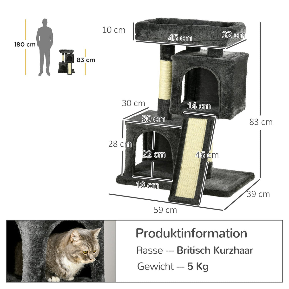 Cat Tree With Sisal Columns, Cat Scratching Post, Cat Climbing Tree, Cat Tree, Dark Gray, 59 X 39 X 83 Cm