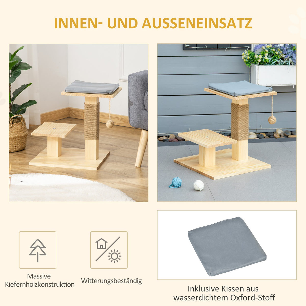 Cat Tree Wood Indoor & Outdoor Jute Cushion 2 Platforms Natural 40X40X43Cm