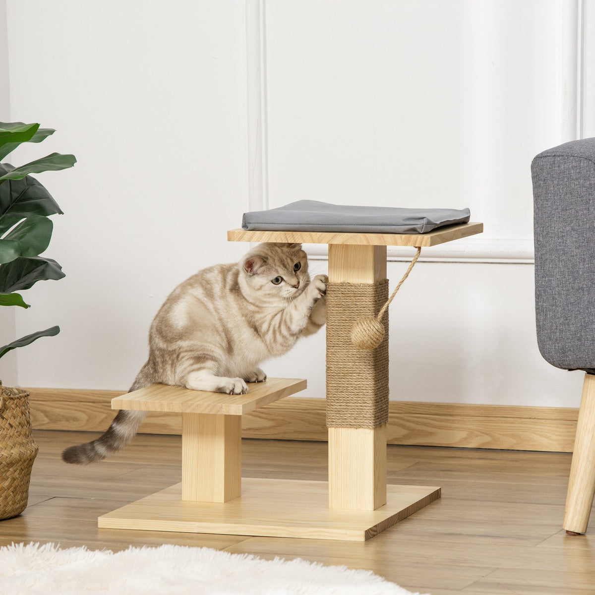 Cat Tree Wood Indoor & Outdoor Jute Cushion 2 Platforms Natural 40X40X43Cm