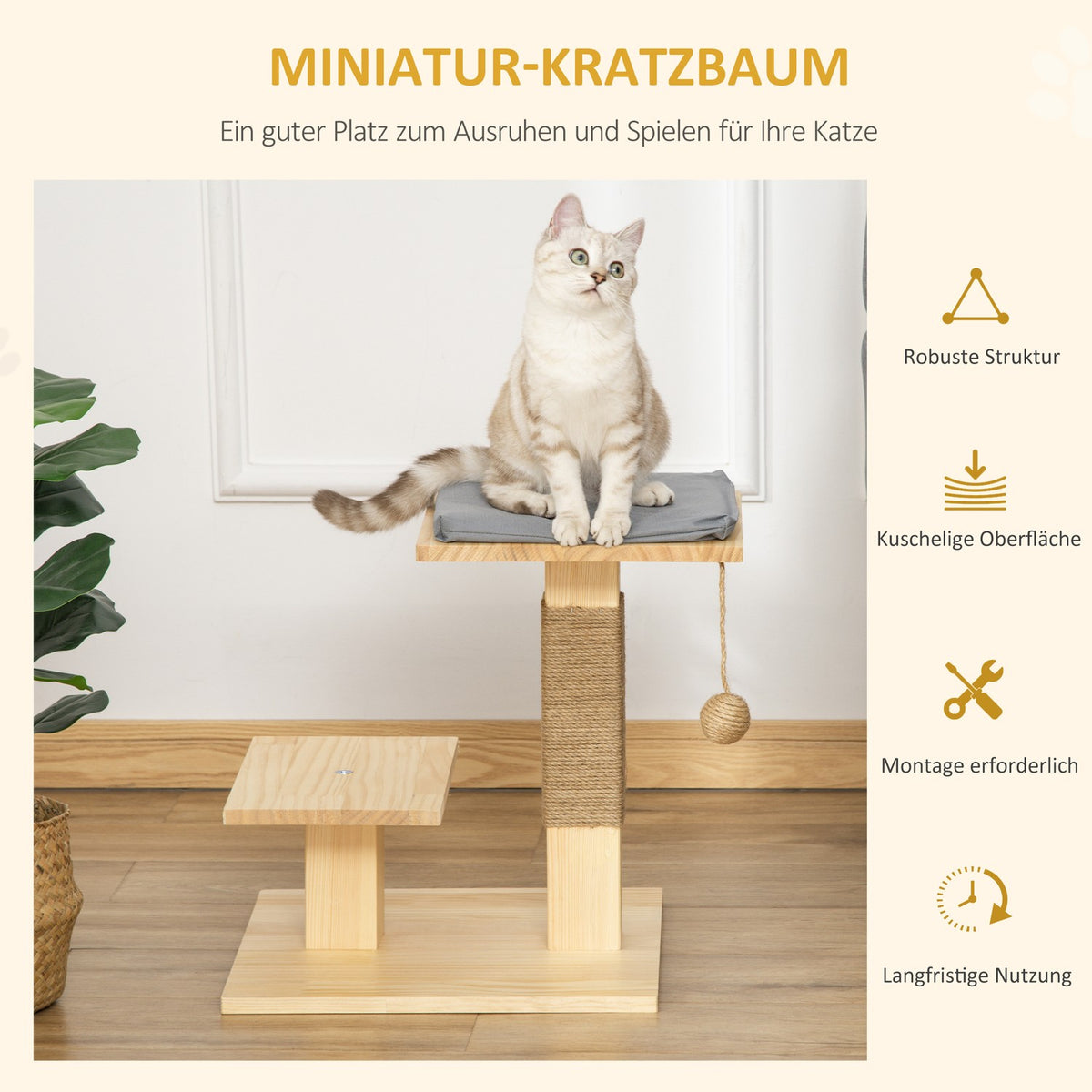 Cat Tree Wood Indoor & Outdoor Jute Cushion 2 Platforms Natural 40X40X43Cm