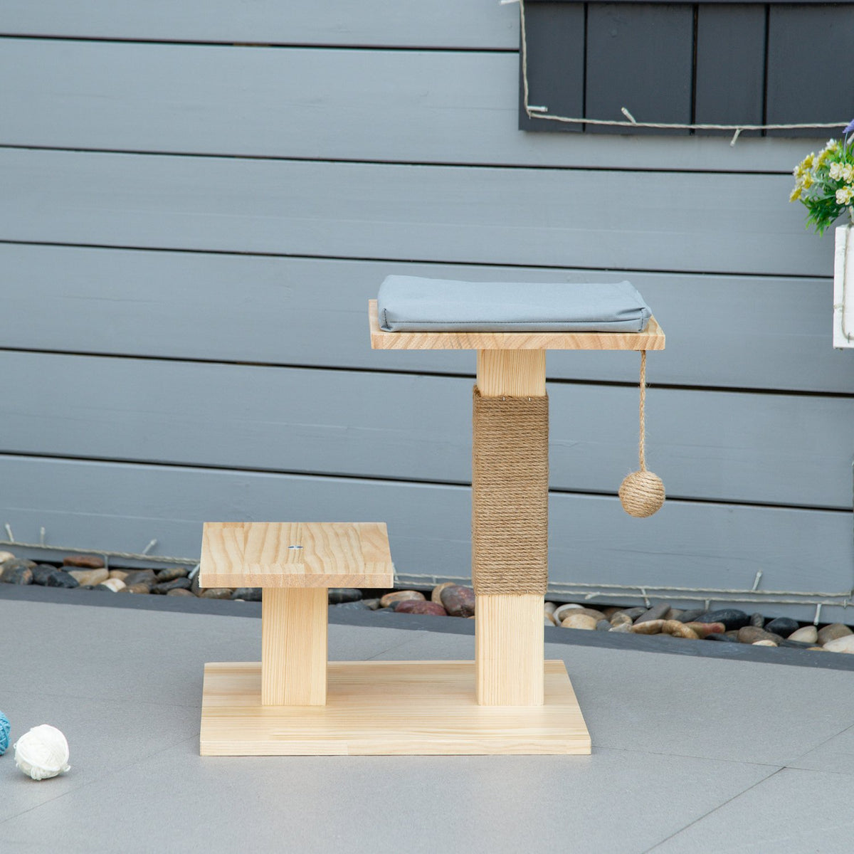 Cat Tree Wood Indoor & Outdoor Jute Cushion 2 Platforms Natural 40X40X43Cm