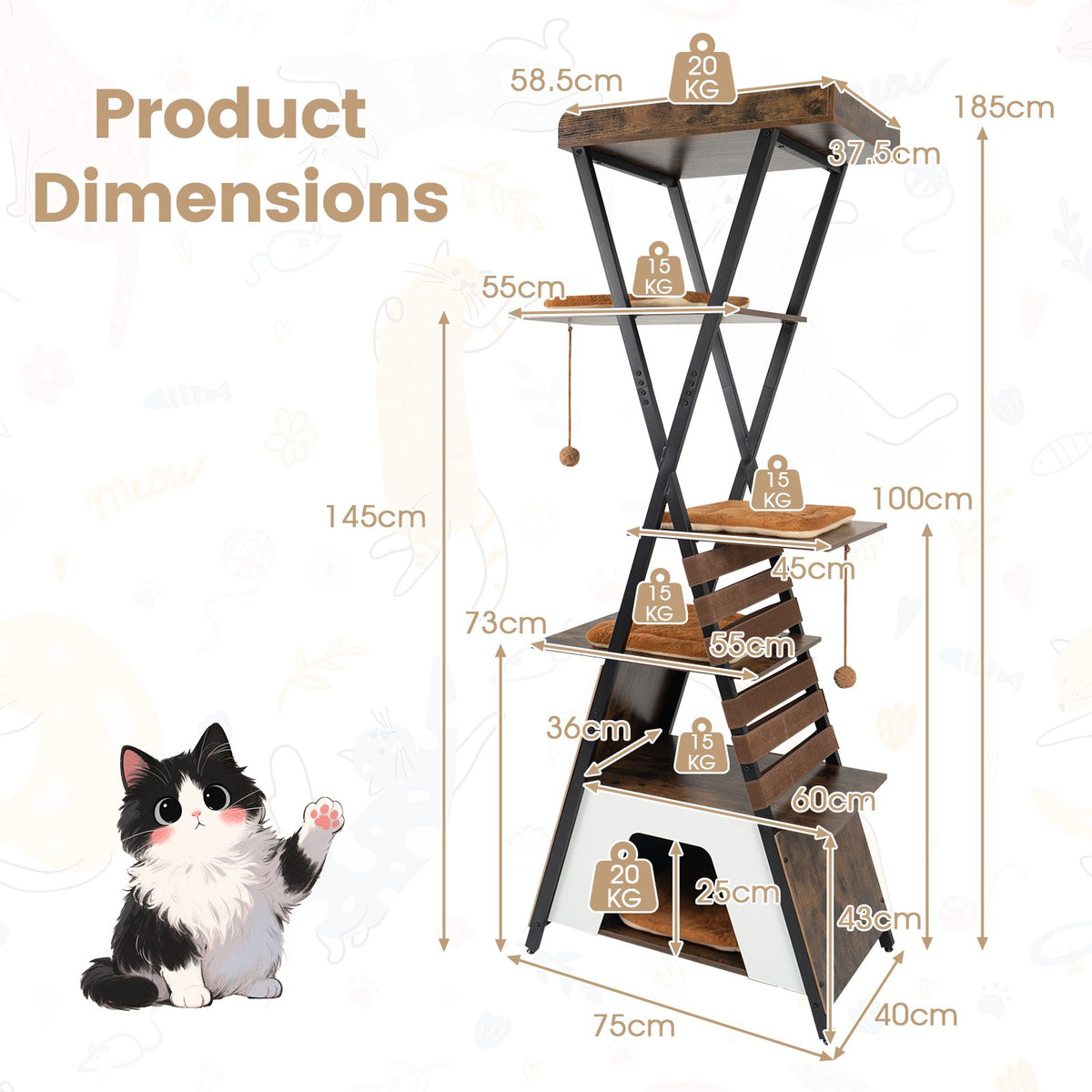 Cat Tree for Indoor Cats, 185 cm, Condo and Perch